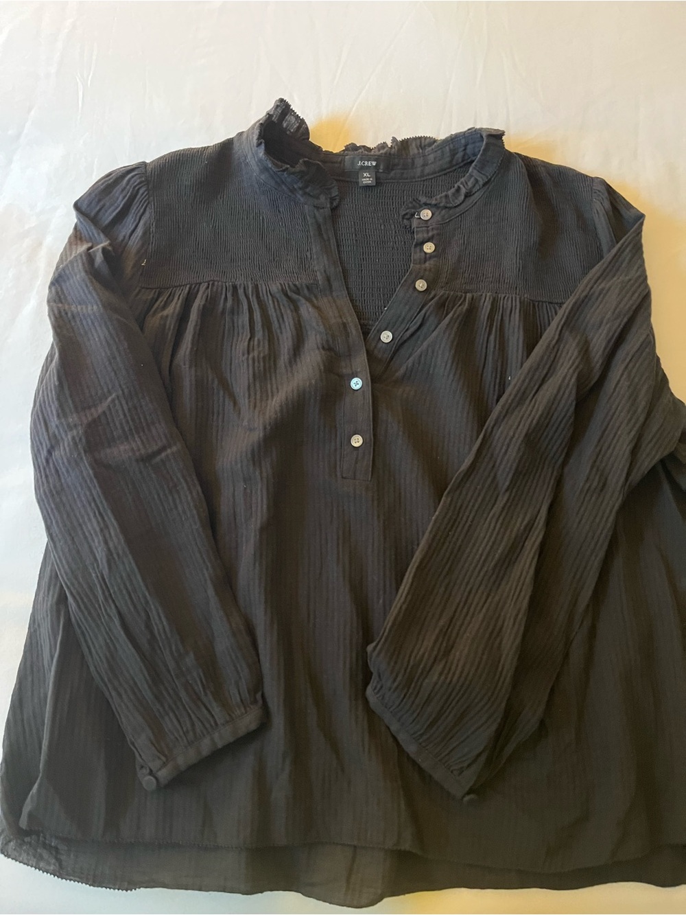J. Crew Black Long-Sleeve Ruffled Henley Blouse